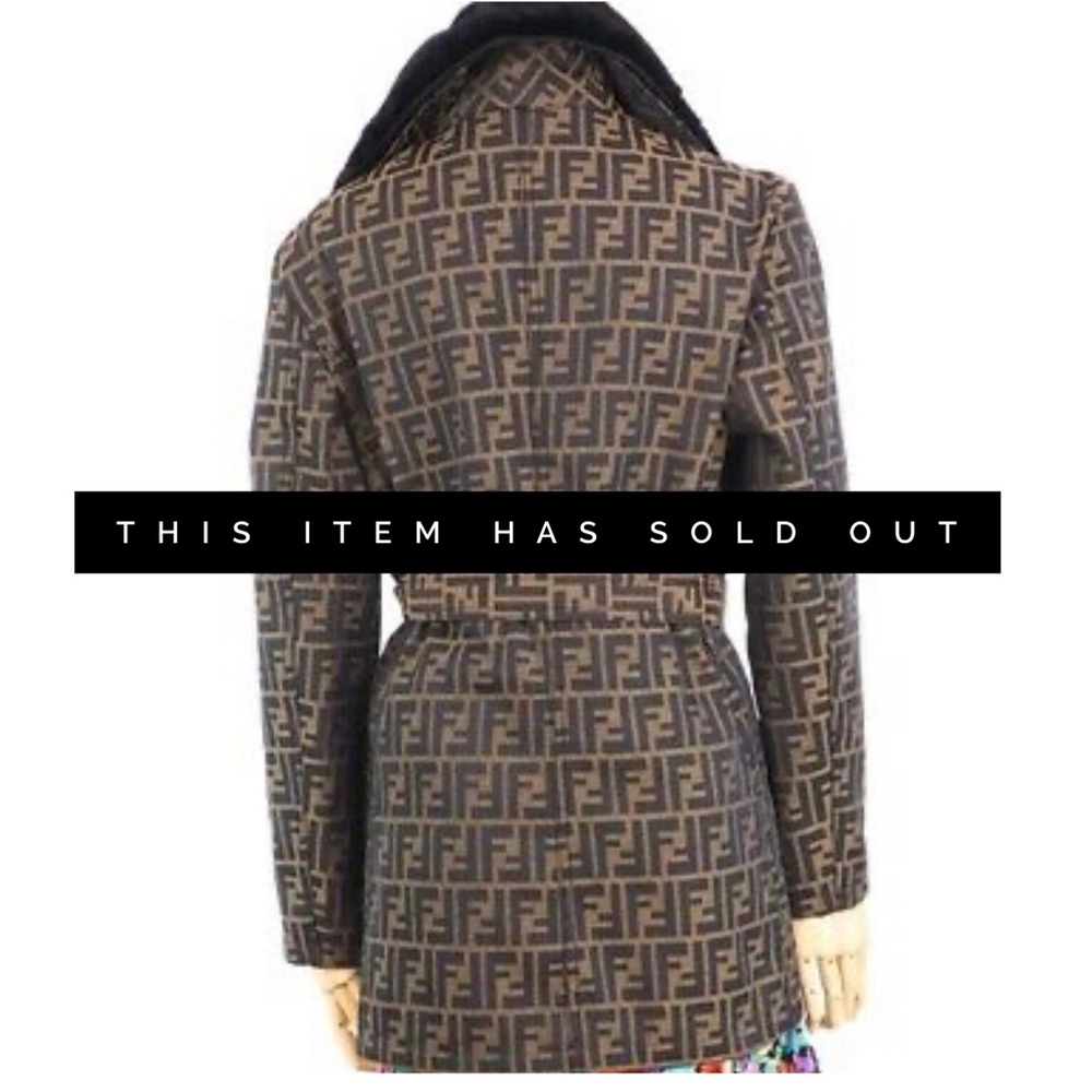 FENDI FF MONOGRAM COAT WITH FUR HOOD, SIZE M/L